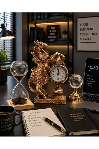 HediyeFilesi Premium Ofis Dekorasyonu 3’lü Masaüstü Seti Atlı Saat Kum Saati ...