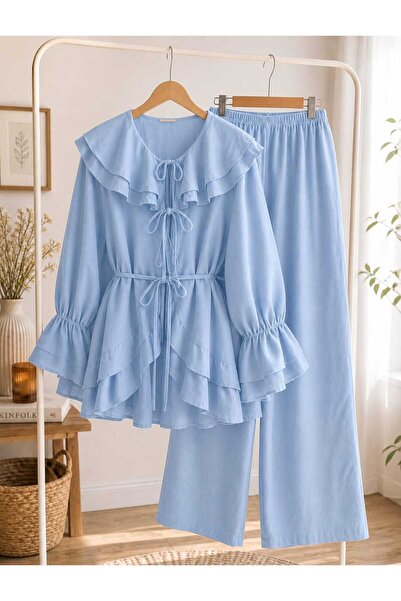 MODA VEDAT Women's Collar Sleeve Detailed Waist Drawstring Pants Set -0750 (S...
