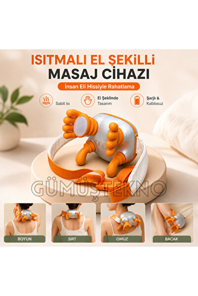 GÜMÜŞTEKNO Isıtmalı El Şekilli Şarjlı Masaj Cihazı – Boyun Sırt Omuz ve Bacak...