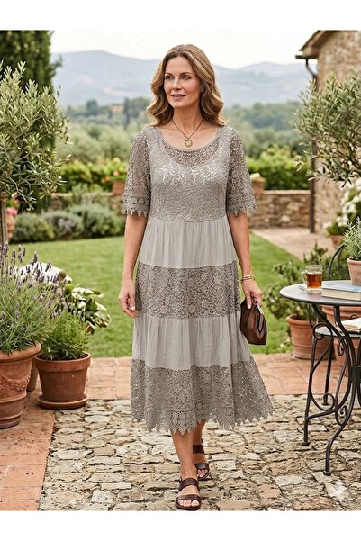 AYASOFYA OTANTIK Women's Italian Mink Butterfly Lace Sequined Silk Midi Dress
