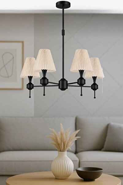 BSA LIGHTING DİLA 4'LÜ SİYAH MODERN AVİZE ( PİLİSELİ KONİK KREM ABAJURLU)