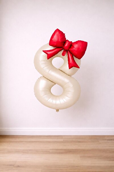 Patladı Gitti Red Bow & Cream 8 Number Foil Balloon Set