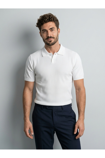 KAREL BUTİK Men's Slim Fit Buttoned White Polo Collar T-Shirt