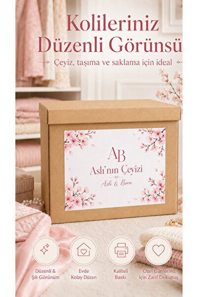 cabuk baskı İsme Özel Çeyiz Koli Etiketi 10 Adet A4 Pembe Sakura Çiçekli Yata...