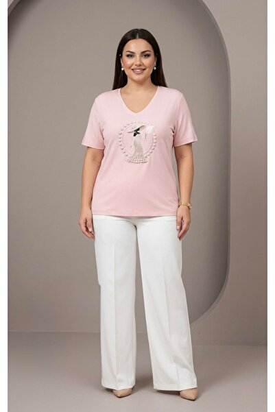 SİBELİZE V-Neck Pearl Stone Embroidered Premium T-Shirt with Female Figure on...