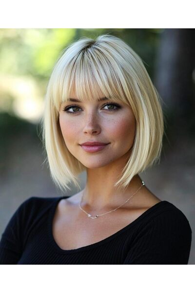 OEM Perucă bob sintetică, blondă, dreaptă, cu breton, scurtă, 30 cm