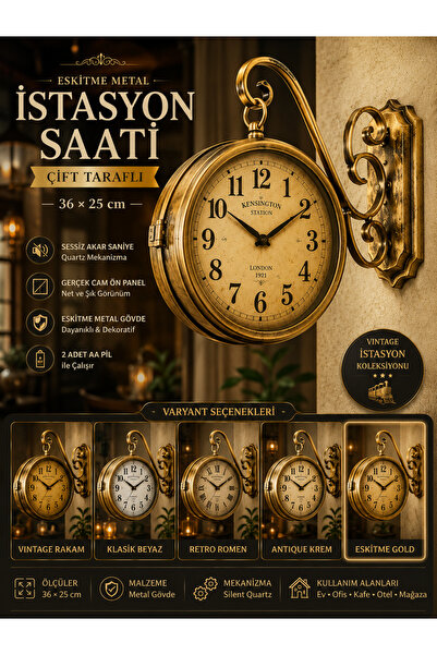 KOLAYEV Eskitme Metal Retro İstasyon Saati 36x25 Cm Çift Taraflı Dekoratif Du...