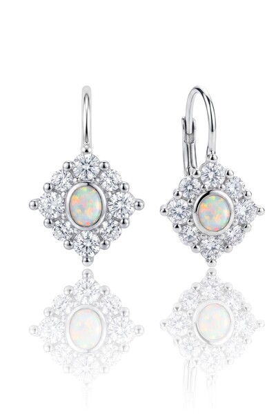 Söğütlü Silver 925 Ayar Gümüş Küpe Pırlanta Modeli Oval Opal Taşlı Kare Işılt...