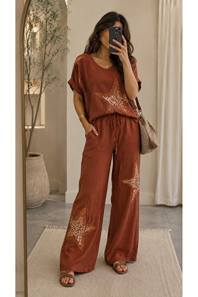 Marjinal Women's 100% Linen Star Detailed Double Suit Set