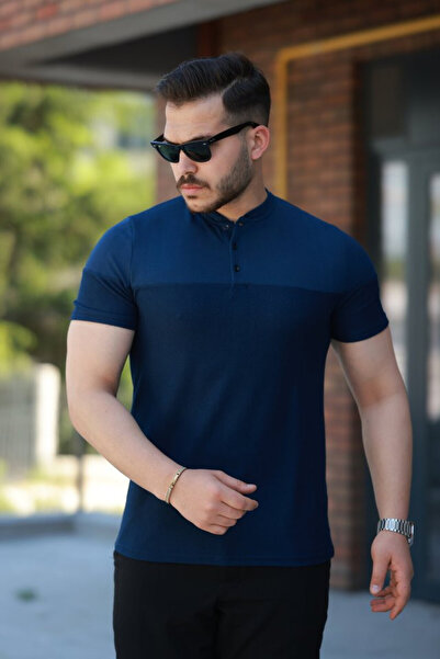 Efnaz style تي شيرت قطني بأكمام قصيرة وياقة القاضي للرجال