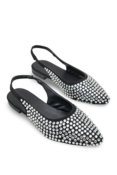 Bak Store Pantofi de damă din piele intoarsa neagra cu piatra alba, pantofi c...