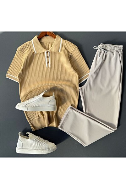 Beylerce Striped Knitwear T-Shirt + Ribbed Trousers 2-Piece Combination