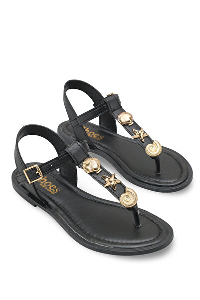 Bak Store Sandale negre pentru femei, cu stele de mare, scoici, accesorii aur...