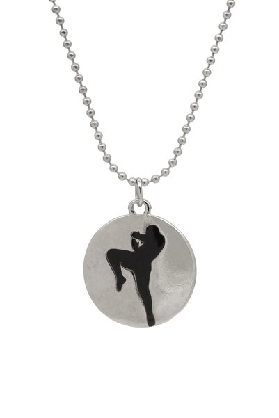kolbi Muay Thai Fighter Necklace Fighter Silhouette Medallion Pendant - Black Color with Silver Color Ball Chain