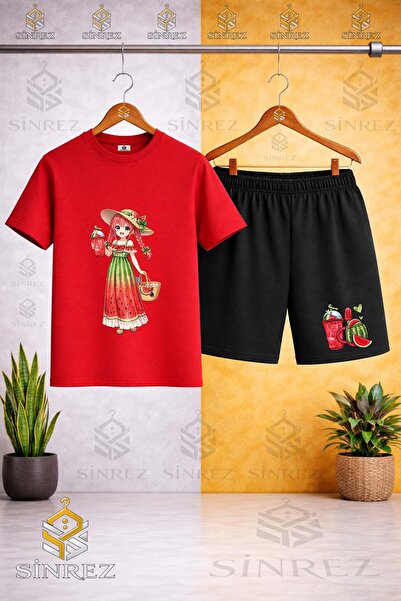 SİNREZ Crew Neck Kids' Girls Watermelon Combination Printed T-Shirt - Shorts Set
