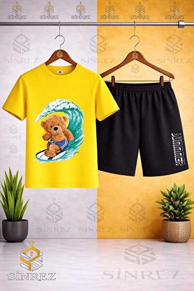 SİNREZ Crew Neck Surf Printed T-Shirt Wearing Bear Shorts - Shorts Set
