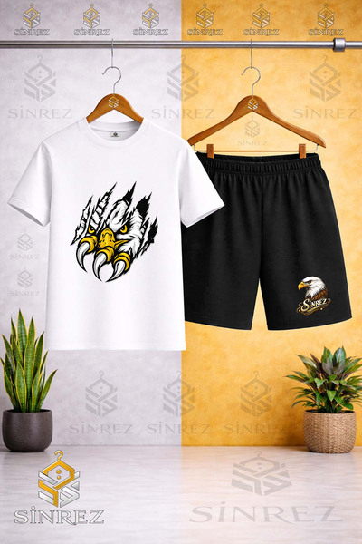 SİNREZ Crew Neck Kids' T-Shirt with Eagle in the Pence Print - Shorts Set