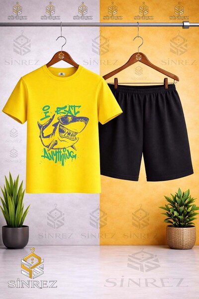SİNREZ Crew Neck Kids' Shark Purple Green Printed T-Shirt - Shorts Set