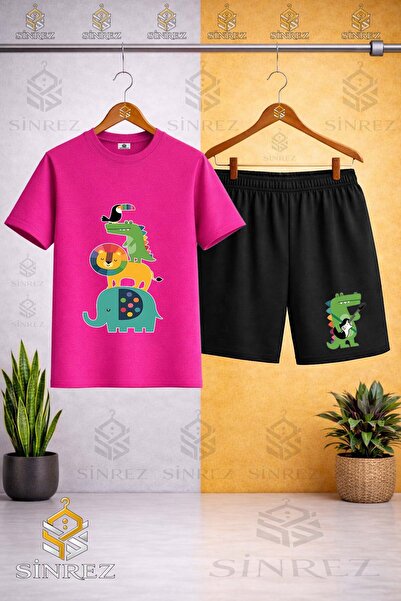 SİNREZ Tricou cu imprimeu ANIMAL UST USTE COKLU cu guler rotund - Set pantalo...