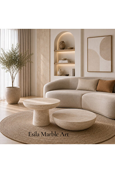 ESİLA MARBLE Modern Traverten Yuvarlak Ve Mantar Orta Sehpa Takımı