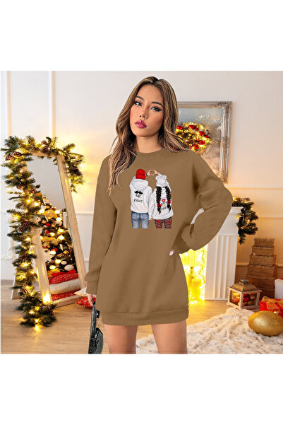 Efnaz style Women's Long Sleeve Crew Neck Print Viscose Two Thread Dress
