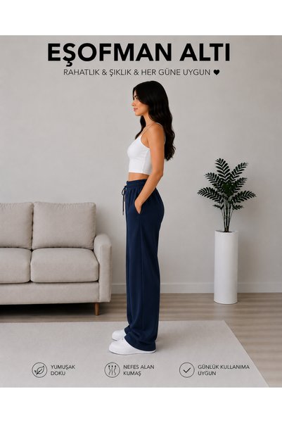 ADR MODA بنطلون رياضي واسع الساقين باللون الأزرق الداكن مع جيوب جانبية