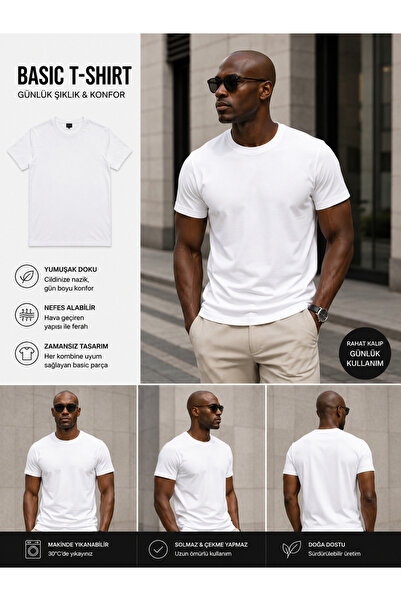 ERKEK BEYAZ BİSİKLET YAKA %100 PAMUK REGULAR FİT GÜNLÜK T-SHIRT