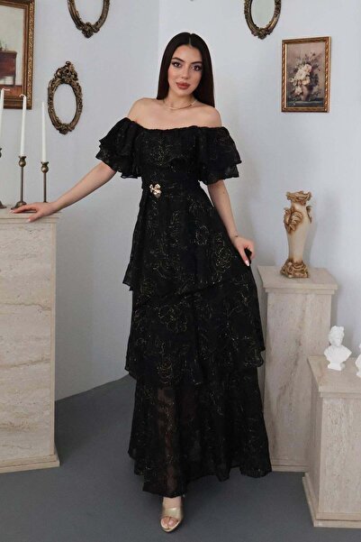 Maxi modena Siyah Kat Kat Fırfırlı Elbise
