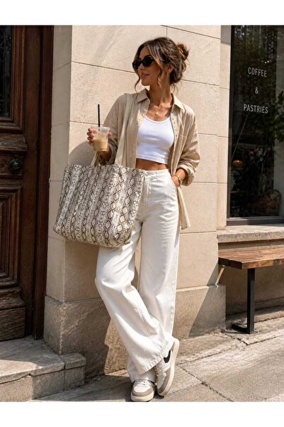ÖZÜM ÇANTA Kadın Bez Desenli Büyük Boy Shopper/ Plaj El Kol ve Omuz Çanta
