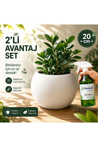Florasoil Küre Saksı ve Bitki Besini 2'li Set Beyaz 20 cm Küre Saksı (İÇLİKSİZ)