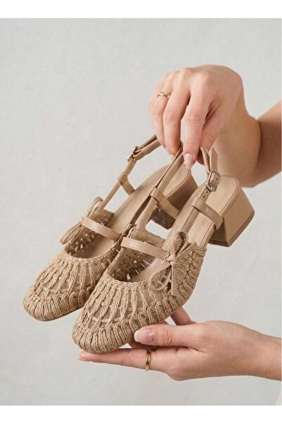 GÜZEL SHOES Belva Fileli Örme Fiyonk Detaylı Kısa Blok Topuklu Kadın Ayakkabı