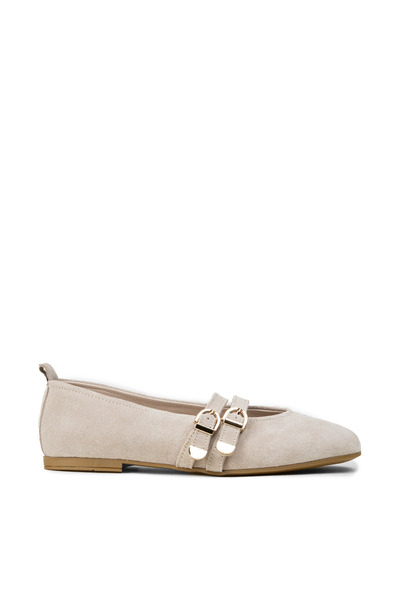 Deery Women's Genuine Suede Beige Double-Strapped Ballerinas