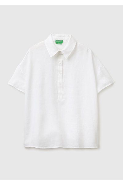 United Colors of Benetton Women's white 100% linen off shoulder polo collar s...