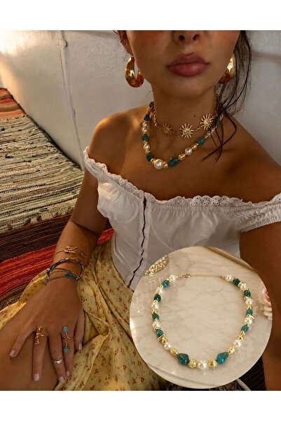 FloresDeCarnaval Aura Pearl & Emerald Taş Detaylı Vintage Gold Yaz Kolye