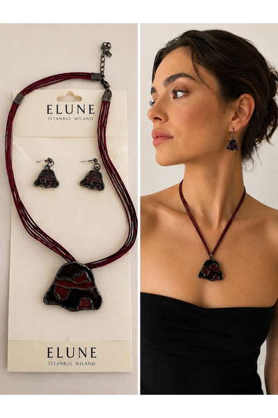 ELUNE İSTANBUL & Milano Premium Burgundy Design Necklace Earring Set