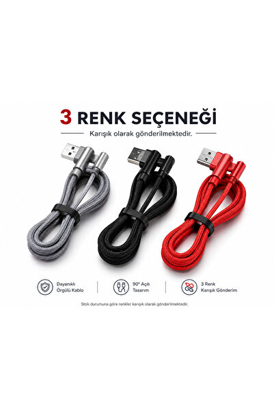 qasul 90° L Tipi USB to Type-C Şarj Kablosu Dayanıklı Naylon Örgülü Kablo 1 Metre 2,1 A