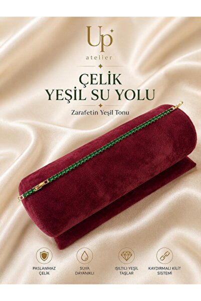 Up Atelier Yeşil Su Yolu Zircon Taşlı Çelik Bileklik 17cm+2cm eklenebilir