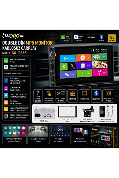 Twogo i3356 7 inç Double Teyp Mp5 Multimedya Kablosuz Carplay Kablosuz + Andr...