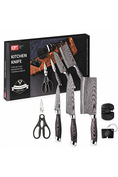 OEM Set Cuțite Bucătărie 6 Piese cu Model Damascus, Foarfecă și Ascuțitor, De...