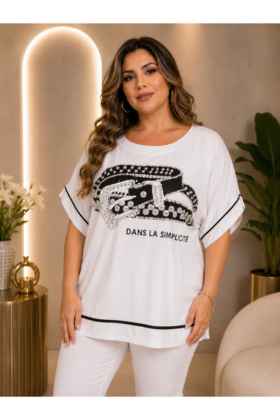 lavelina Plus Size Stone Embroidered Printed Short Sleeve Relaxed Fit Women's...