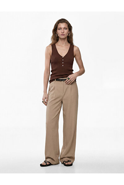 Koton Linen Look Straight Fit Wide Leg Palazzo Trousers with Pockets and Belt
