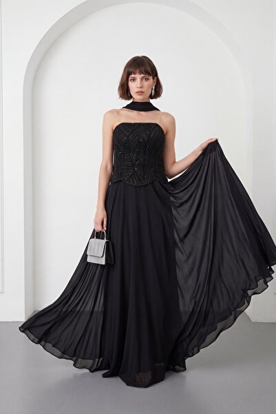 Lafaba Women's Black Shawl Collar Beaded Long Chiffon Evening Dress