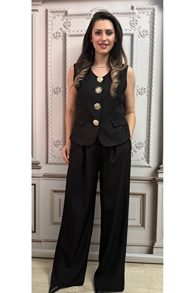 OnlyForYou Elegant Two-Piece Suit: Vest and Wide-Leg Pants with Elastic Waist