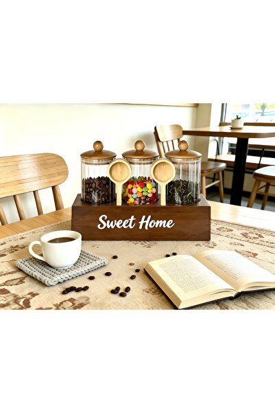 Sofia Trio Glass Jar Set with Sweet Home Writing, Spoon and Stand, 3 Pieces