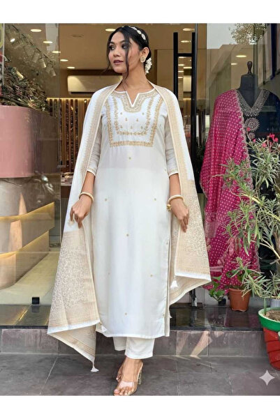 MYSMAR White & Gold Slub Cotton Silk Embroidered Kurti Pant Set - TRNF8153| W...