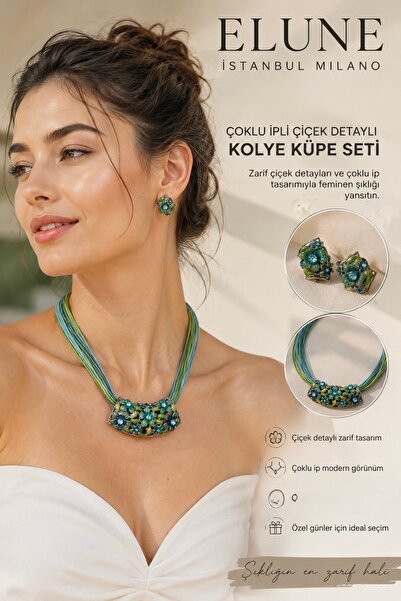 ELUNE İSTANBUL & ميلانو مجموعة أقراط وقلادة أنيقة متعددة الأربطة مزينة بالزهور