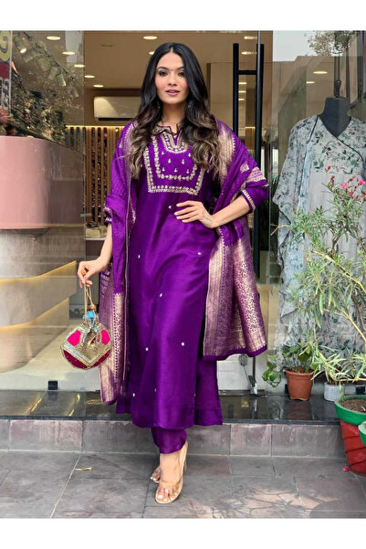 MYSMAR Purple Slub Cotton Silk Embroidered Kurti Pant Set -TRNF8153-Purple