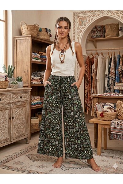 AYASOFYA OTANTIK Women's Multi-Colored Wide-Legged 100% Viscose Trousers with...