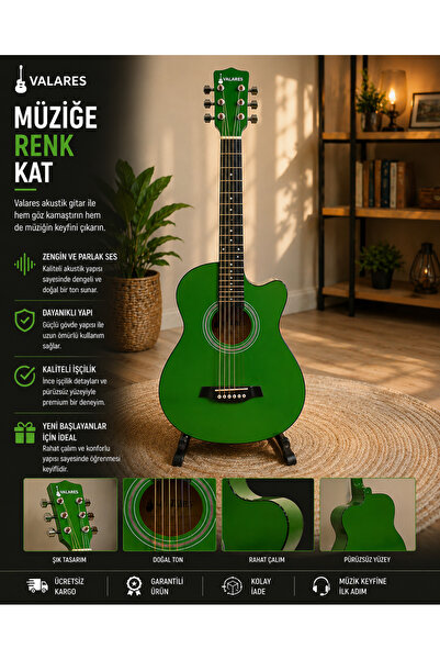 valares 38C Kesik Kasa yeşil Akustik Gitar 38 İnç 4/4 Sap Ayarlı Cutaway + Ça...