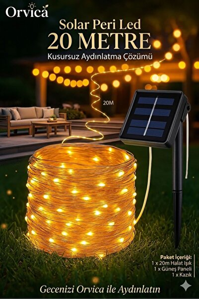 ORVİCA Güneş Enerjili Solar 20 Metre Peri Led Işık 200 Led 8 Mod Dış Bahçe Ağ...
